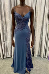 Elegant Navy Blue Long Evening Prom Dress with Lace Appliques