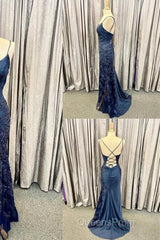 Elegant Navy Blue Long Evening Prom Dress with Lace Appliques