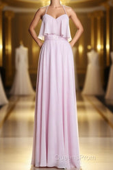 Pink Straps Flounce Chiffon A-line Long Bridesmaid Dress