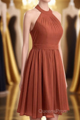 Rust Orange Chiffon Halter Backless A-Line Short Bridesmaid Dress