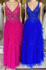 Fuchsia Layers Floral Tulle A-line Long Evening Prom Dress