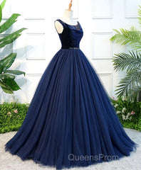 Dark Blue Tulle Long Evening Prom Dress, Dark Blue Tulle Evening Dress