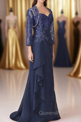 Navy Blue Two-Piece Sweetheart Ruffled Long Mother of the Bride Dress