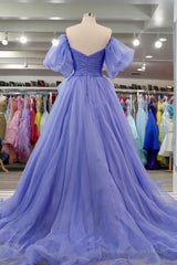 Lavender Tulle A-line Off-Shoulder Puff Sleeves Pleated Long Prom Dress