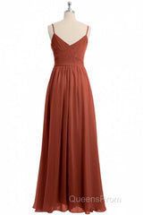 Rust Orange Spaghetti Straps Sweetheart Ruffled Long Bridesmaid Dress