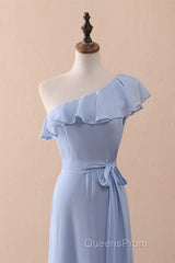 Periwinkle One-Shoulder Ruffled A-Line Long Bridesmaid Dress