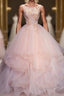 Pink Round Neck Tulle Lace Long Evening Prom Dress, Lace Formal Dress