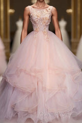 Pink Round Neck Tulle Lace Long Evening Prom Dress, Lace Formal Dress