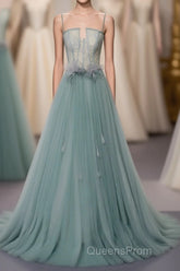 Green A Line Tulle Lace Long Evening Prom Dress, Green Tulle Formal Dress