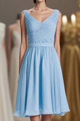 Blue Chiffon A-line Pleated Short Bridesmaid Dress