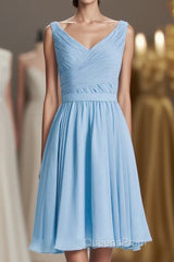 Blue Chiffon A-line Pleated Short Bridesmaid Dress