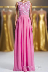 Pink A-line Lace and Chiffon Long Bridesmaid Dress