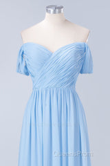 Blue Off the Shoulder Pleated Chiffon Long Bridesmaid Dress