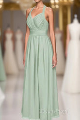 Sage Green Chiffon Halter Backless A-Line Bridesmaid Dress