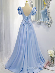 Blue Satin Backless Long Evening Prom Dress, Blue Evening Dress