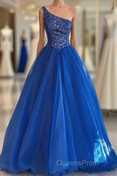 Blue Beaded One-Shoulder A-Line Long Evening Prom Dress