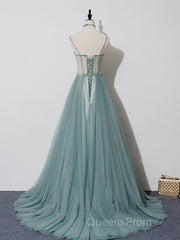Green A Line Tulle Lace Long Evening Prom Dress, Green Tulle Formal Dress