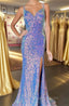 Purple Iridescent Sequin Empire Waist Lace-Up Mermaid Long Dress with Slit