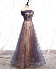 Unique Tulle Off Shoulder Lace Long Evening Prom Dress, Lace Formal Dress