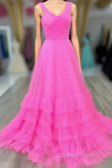 Hot Pink Illusion Strapless A-line Layers Tulle Long Evening Prom Dress