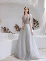 Elegant Prom Dress, Formal V Neck Short Sleeves Beaded Tulle Dresses, A Ling Floor Length