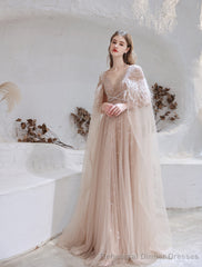 Luxury Champagne Evening Dress, Long Evening Party Prom Dresses, A Line Prom Gown