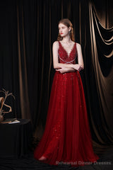 Luxury Burgundy Evening Dress, Long Evening Party Prom Dresses, A Line Prom Gown