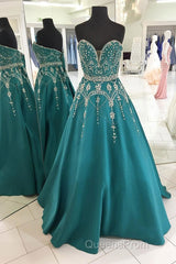 Green A Line Floor Length Sweetheart Sleeveless Beading Evening Prom Dress