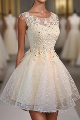 Champagne Lace Round Neck Short Evening Prom Dress, Bridesmaid Dress