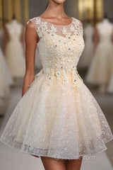 Champagne Lace Round Neck Short Evening Prom Dress, Bridesmaid Dress