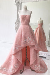 Charming Modest Pink A Line High Low Strapless Zipper Back Evening Prom Dress