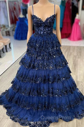 Navy Blue Floral Multi-Layers Sequined Straps Long Evening Prom Dress