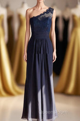 One-Shoulder Navy Blue Lace Long Bridesmaid Dress