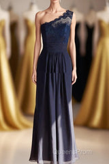 One-Shoulder Navy Blue Lace Long Bridesmaid Dress