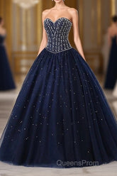 Navy Blue Ball Gown Floor Length Sweetheart Sleeveless Mid Back Evening Prom Dress