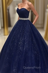 Navy Blue Ball Gown Court Train Sleeveless Mid Back Sparkle Evening Prom Dress
