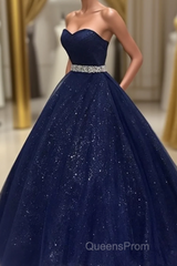 Navy Blue Ball Gown Court Train Sleeveless Mid Back Sparkle Evening Prom Dress