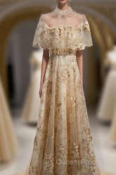 Champagne Tulle Lace Long Evening Prom Dress, Champagne Formal Dress, 1