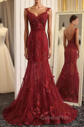 Burgundy Trumpet Sweep Train V Neck Mid Back Appliques Beading Long Evening Prom Dress