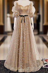 Champagne Sweetheart Tulle Long Evening Prom Dress, Tulle Formal Dress