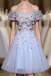 Cute Gray Blue Tulle Short Evening Prom Dress, Gray Homecoming Dress