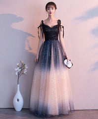 Black Sweetheart Tulle Sequin Long Prom Dress, Black Evening Dress
