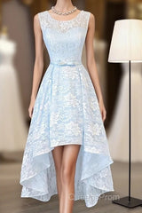 Light Blue Lace High Low Evening Prom Dress, Homecoming Dress