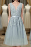 Gray A Line Lace Tulle Short Evening Prom Dress, Homecoming Dress
