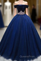 Dark Blue Tulle Off Shoulder Long Evening Prom Dress, Blue Sweet 16 Dress