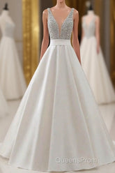 A Line Brush Train Deep V Neck Sleeveless Beading Evening Prom Dress