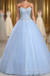 Light Blue Ball Gown Floor Length Sweetheart Strapless Sleevless Beading Evening Prom Dress
