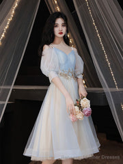 Blue A Line Tulle Lace Short Prom Dress Blue Homecoming Dress