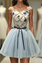 Gray Blue Tulle Short Evening Prom Dress, Tulle Homecoming Dress