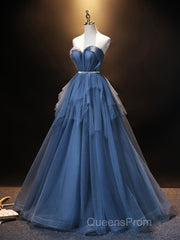 Blue Sweetheart Neck Tulle Long Evening Prom Dress, Blue Evening Dress